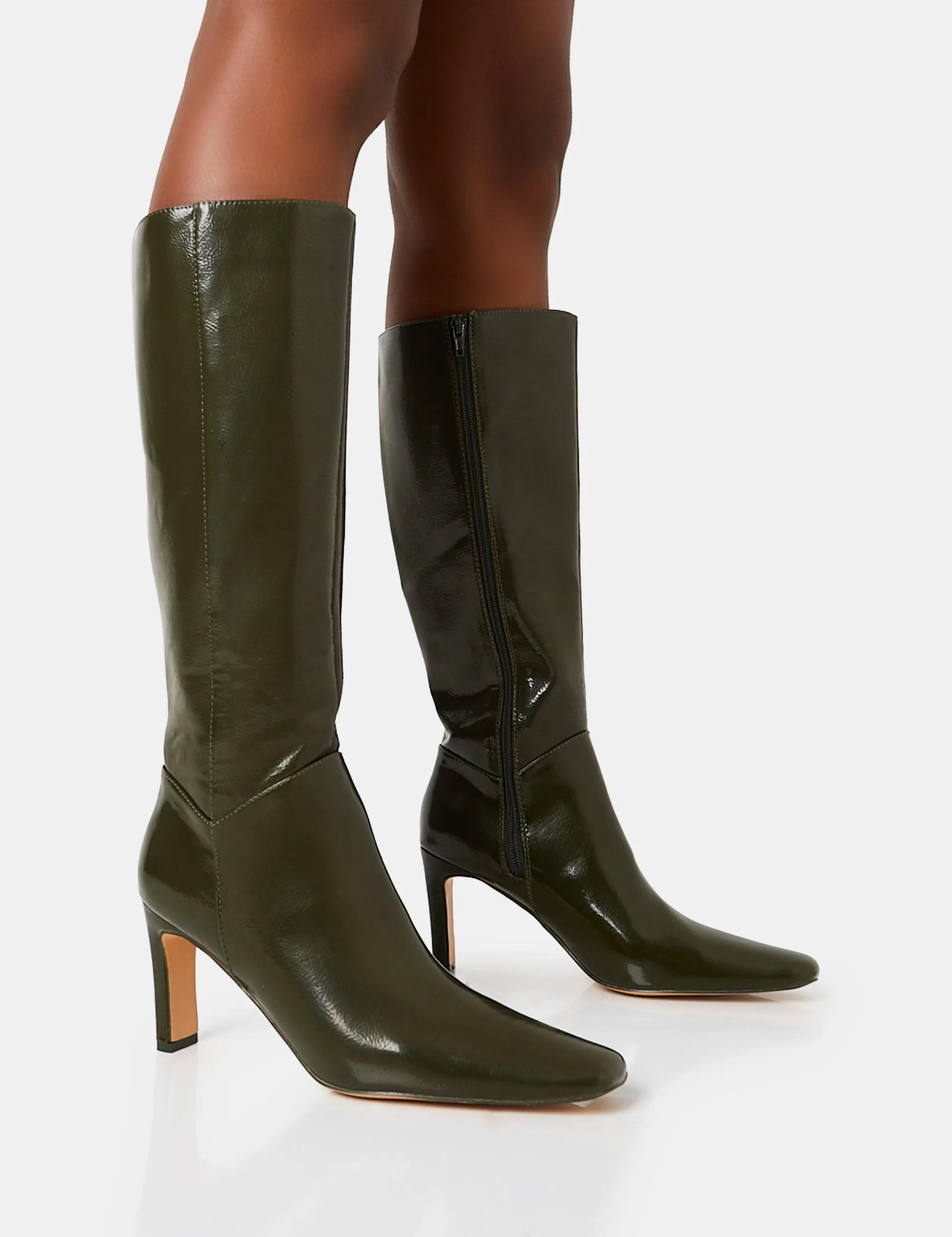 Pose Olive Textured Patent Pu Zip Up Knee High Slim Block Heeled Boots