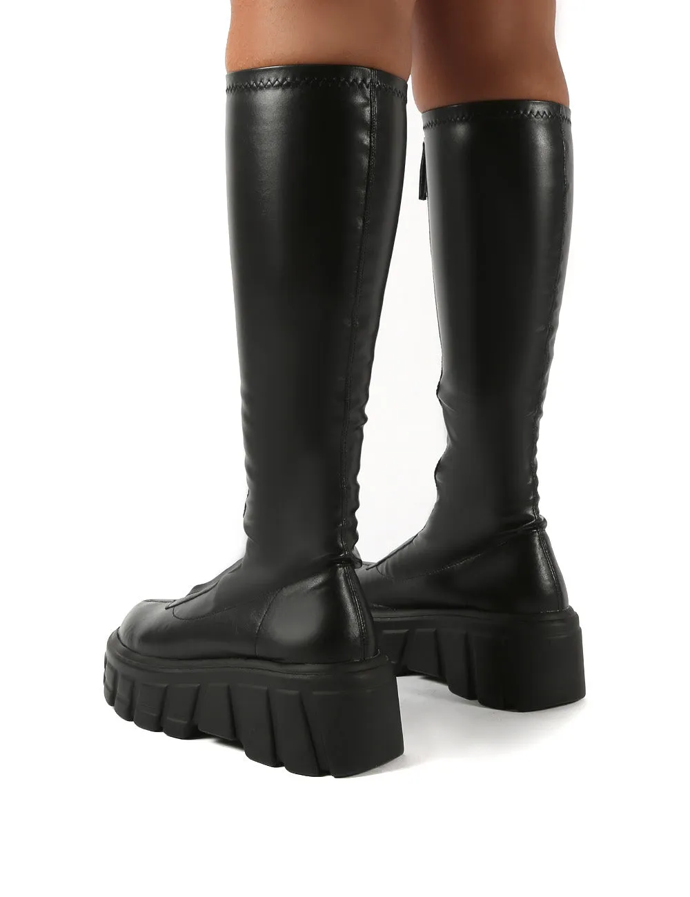 Quest Black Zip Up Chunky Sole Knee High Boots