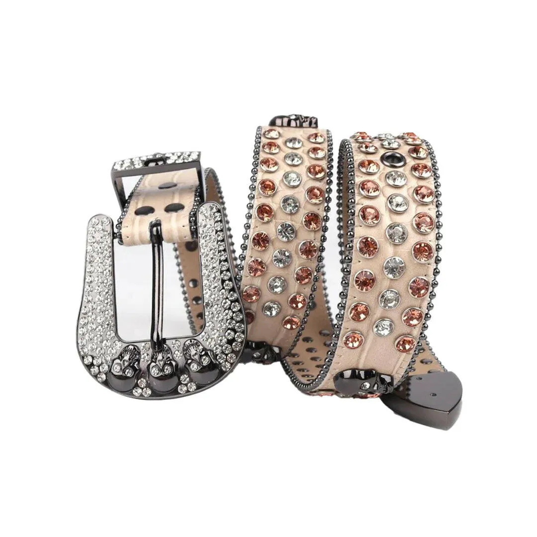 Rhinestone Skull Buckle Beige Strap With Brown & Crystal Studded Belt