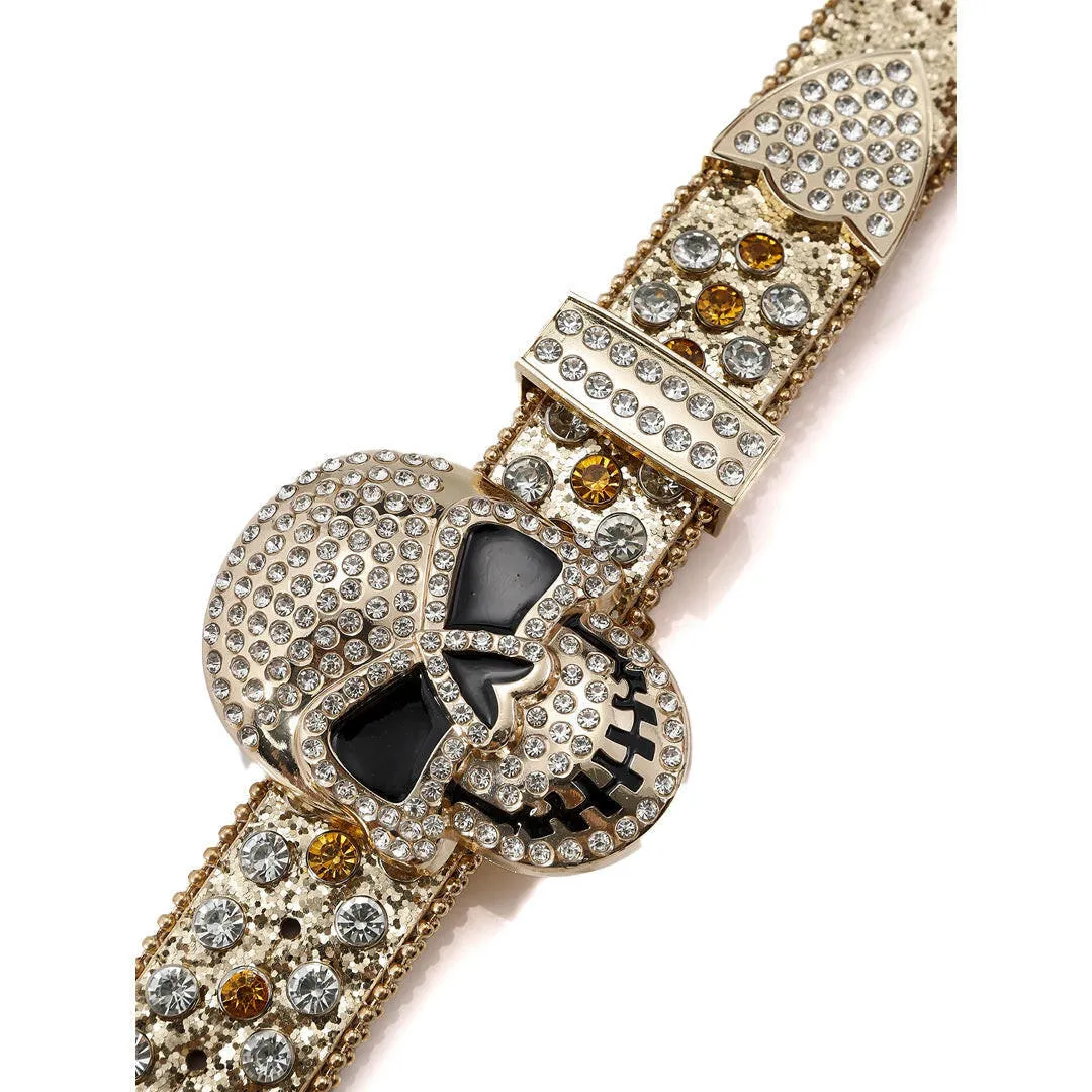 Rhinestone Skull Buckle Shiny Gold Strap With Gold & Crystal Studded Belt