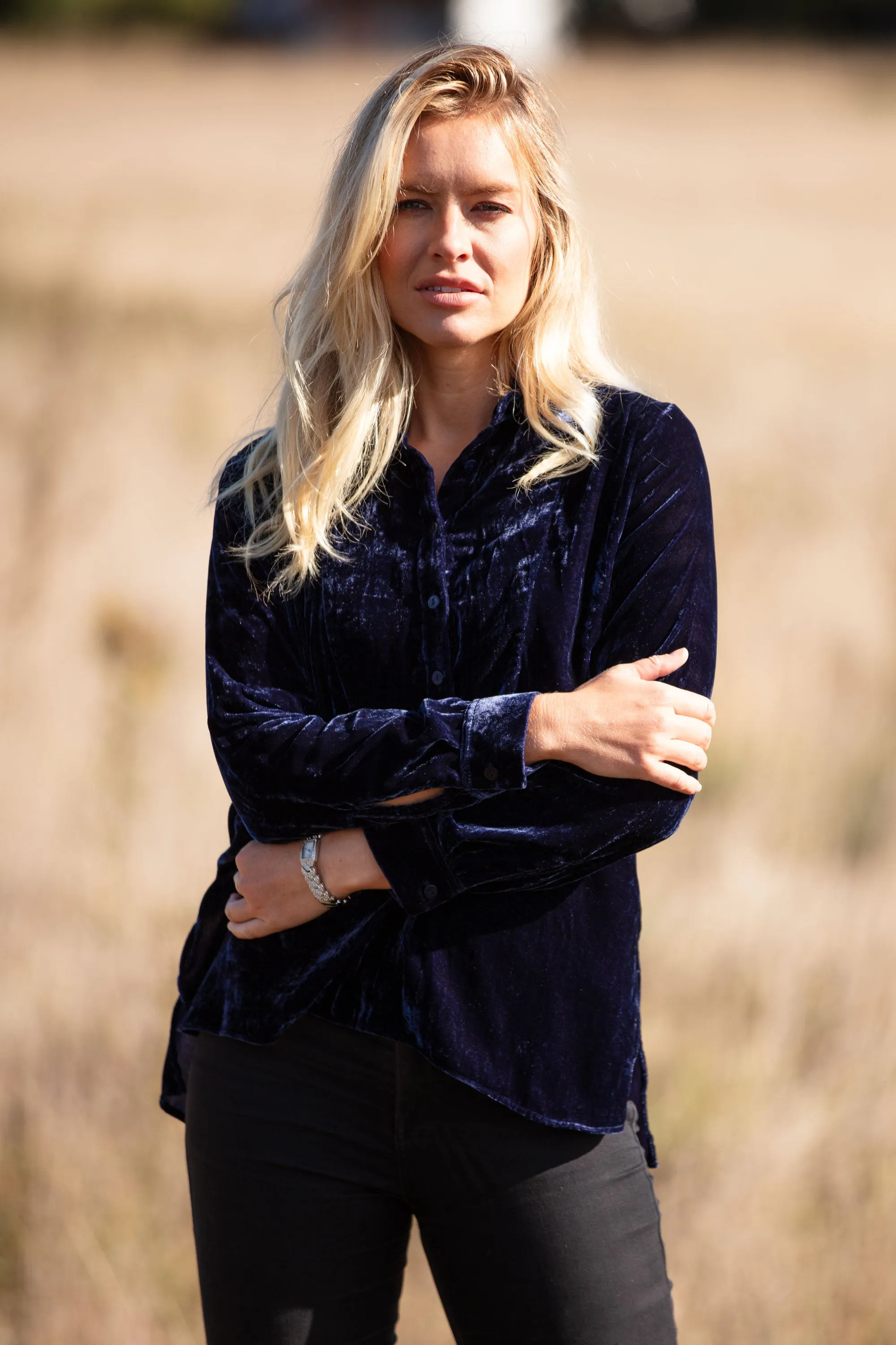 Silk Velvet Shirt In Navy