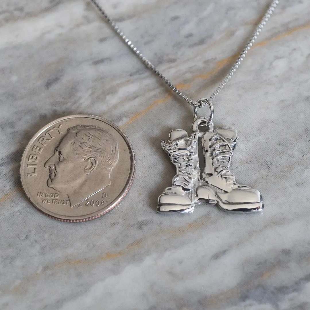 'Sky Bloom'   Combat Boots Shiny Sterling Silver Pendant Necklace