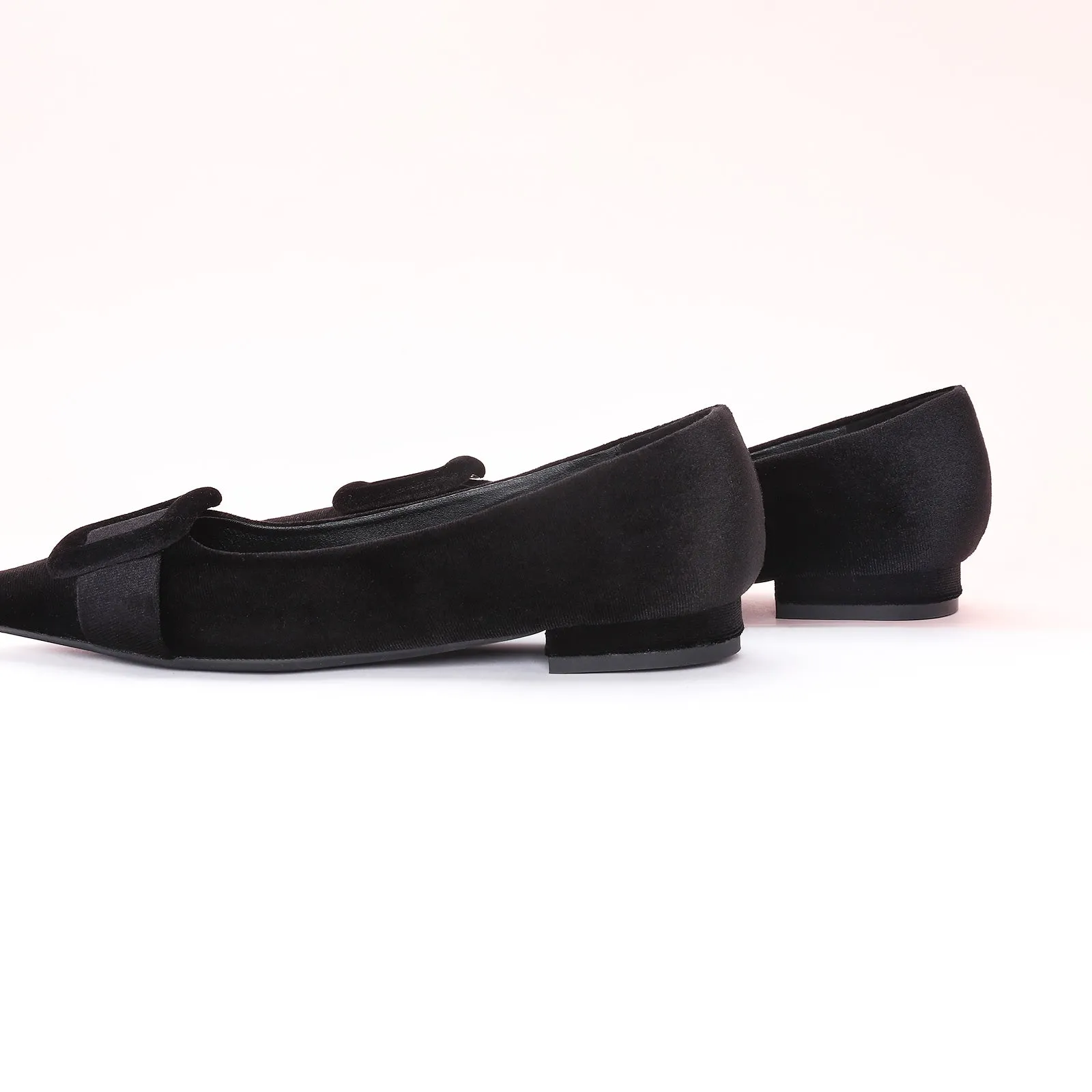 Square Buckle Velvet Flats (Aida) Black