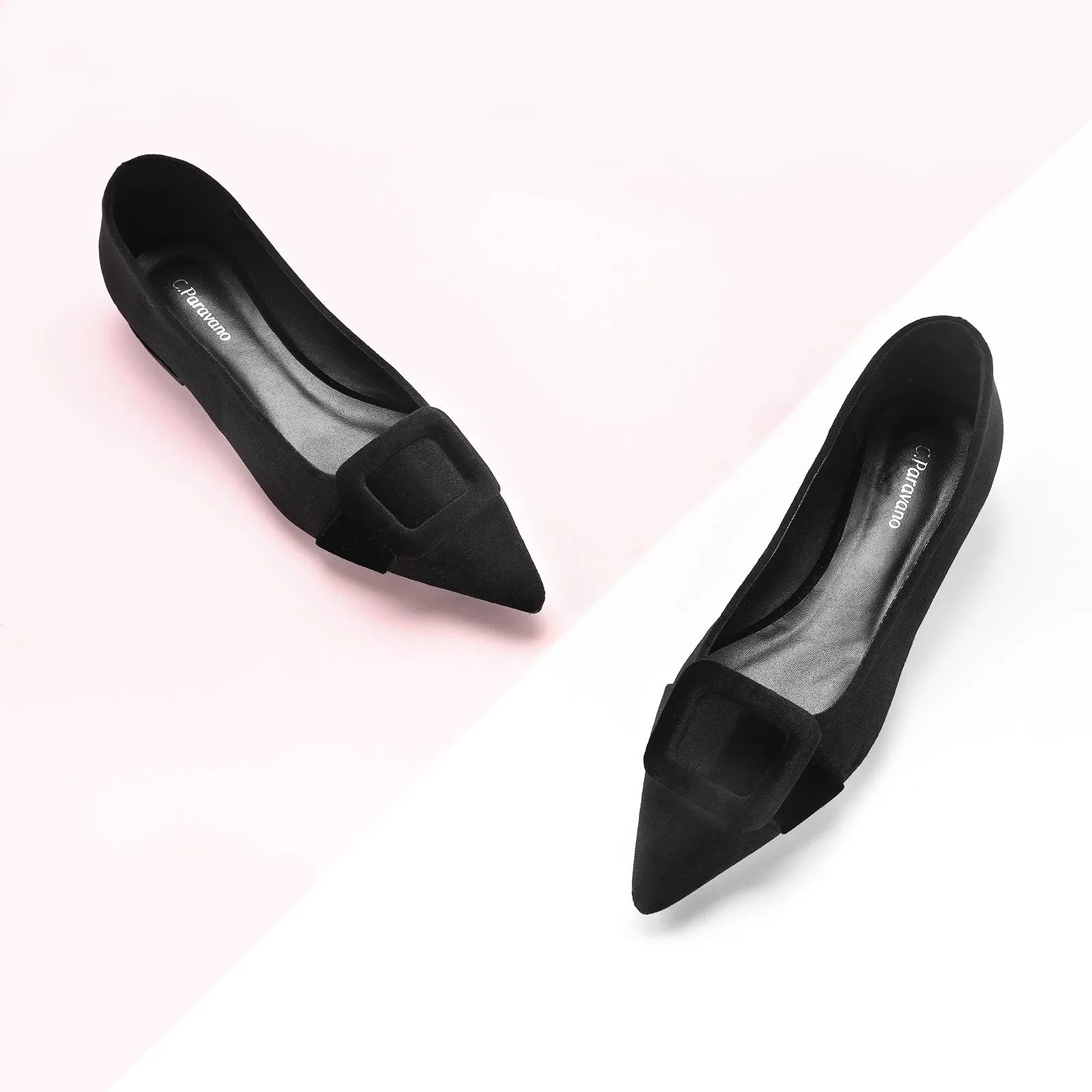 Square Buckle Velvet Flats (Aida) Black