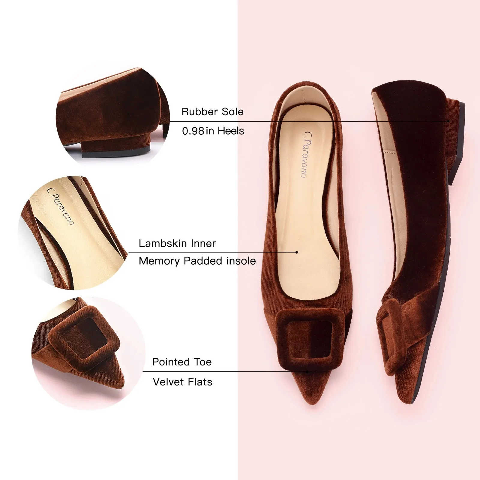 Square Buckle Velvet Flats (Aida) Brown