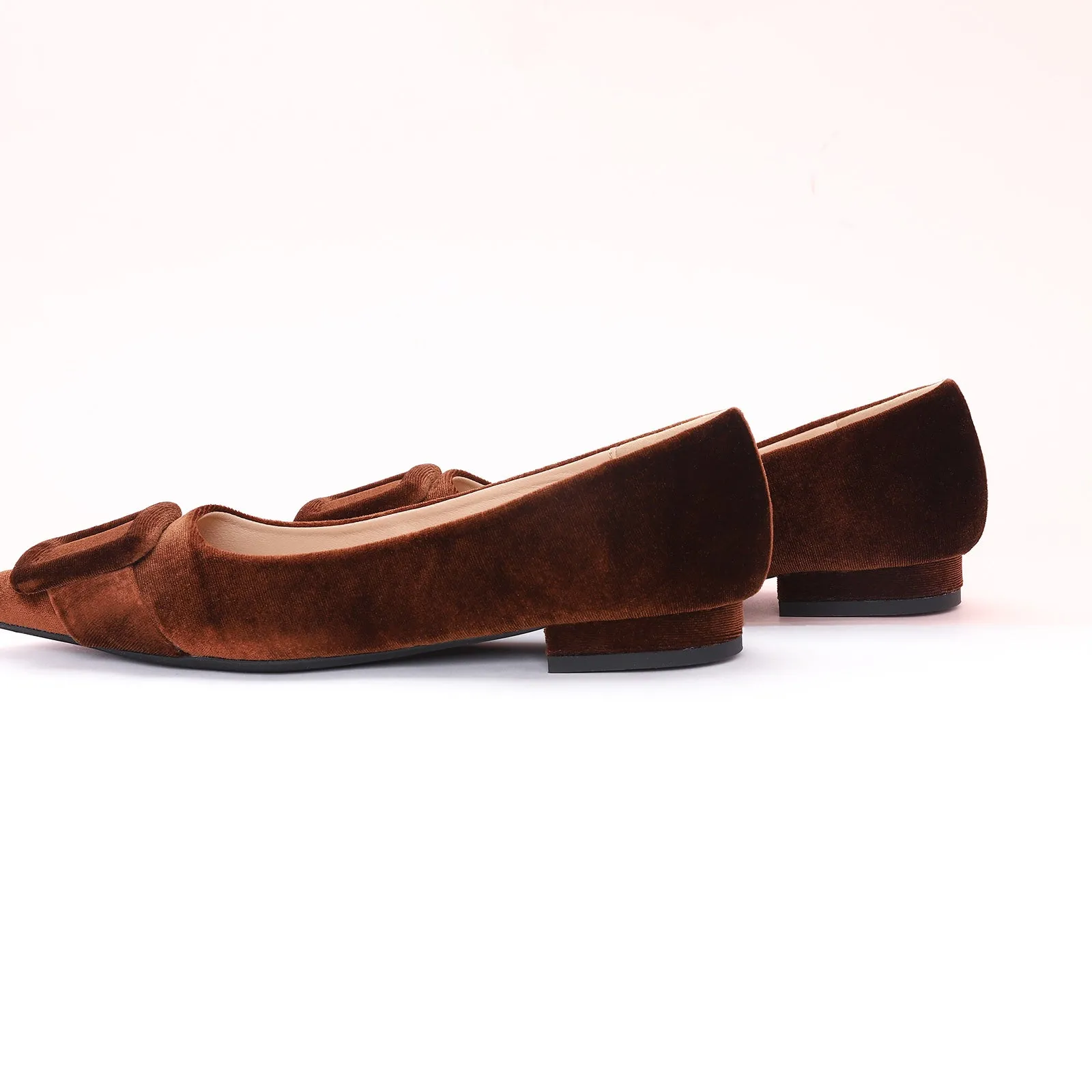 Square Buckle Velvet Flats (Aida) Brown