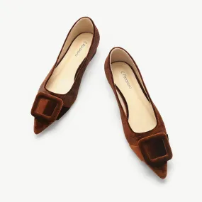 Square Buckle Velvet Flats (Aida) Brown