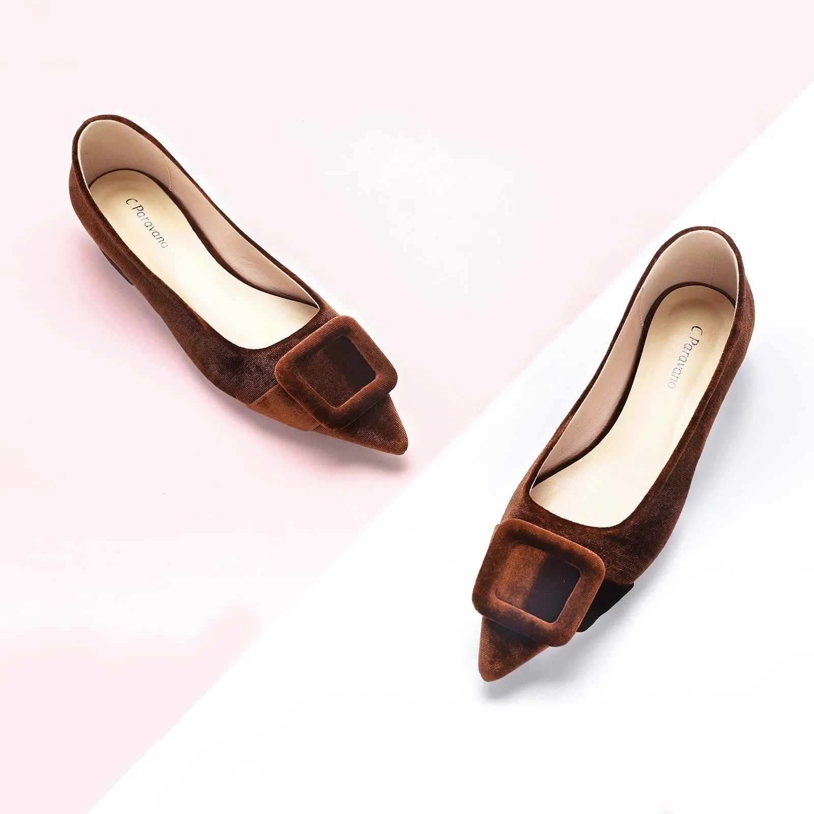 Square Buckle Velvet Flats (Aida) Brown