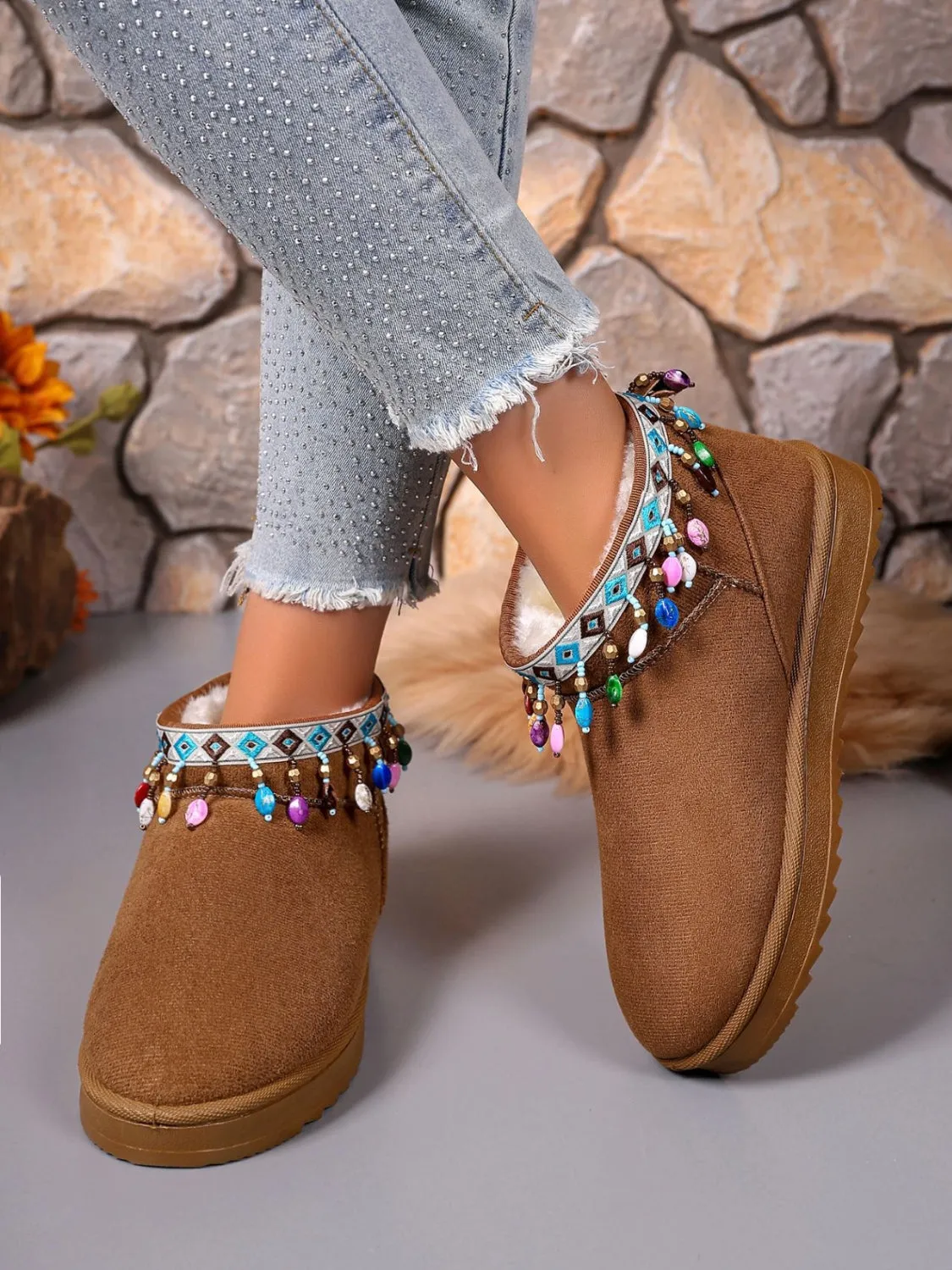 Thermal Faux Fur Beaded Platform Boots