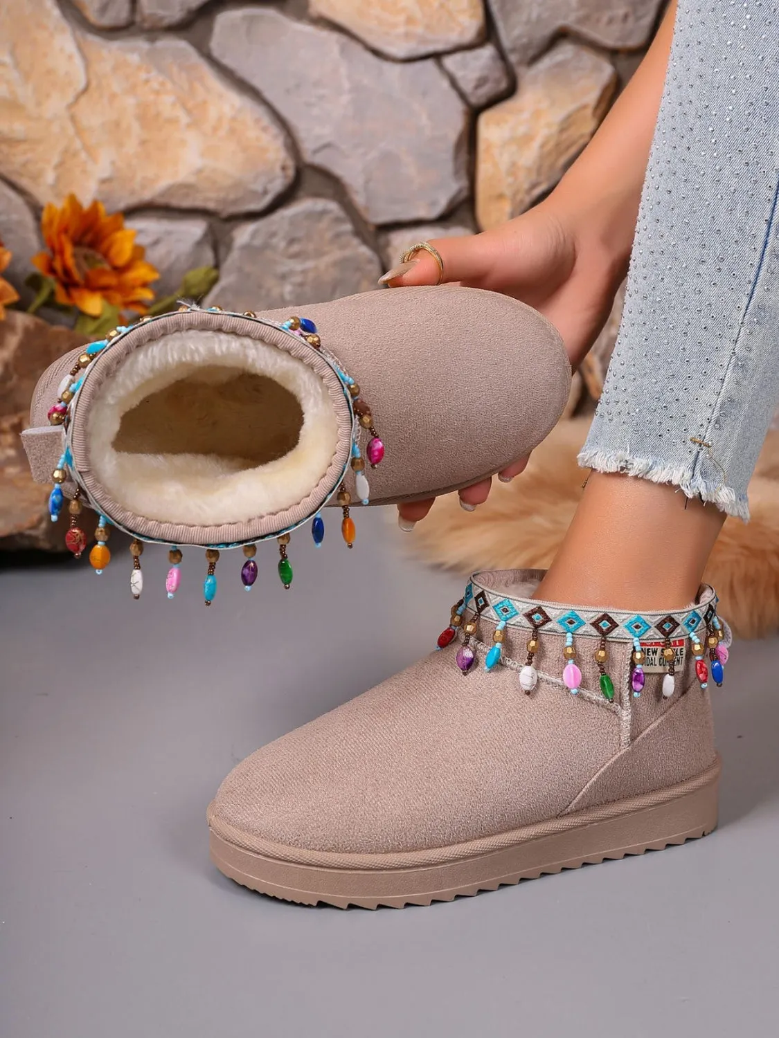 Thermal Faux Fur Beaded Platform Boots