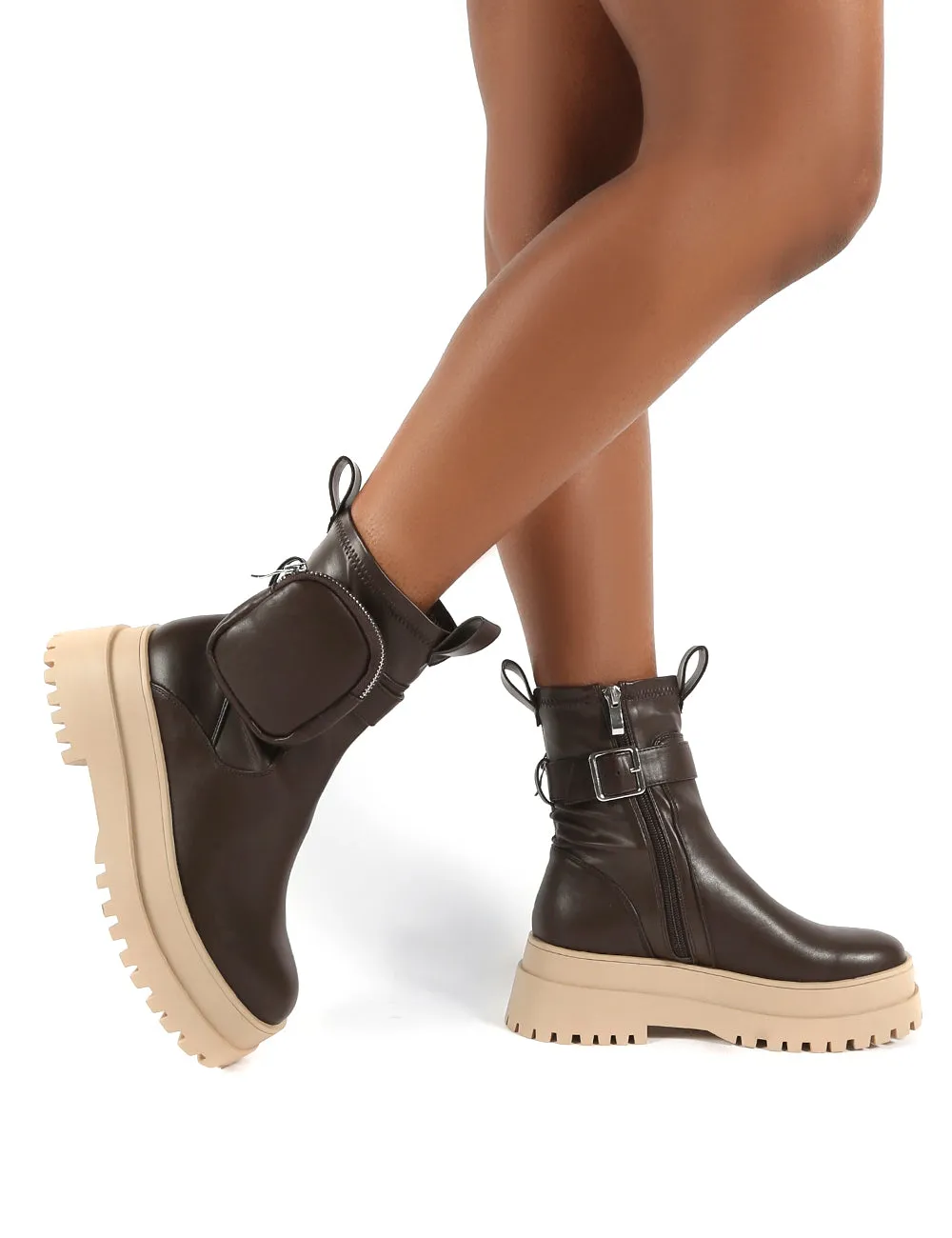 Thought Chocolate Pu Pocket Chunky Sole Ankle Boot