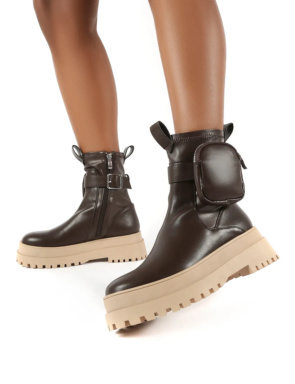 Thought Chocolate Pu Pocket Chunky Sole Ankle Boot