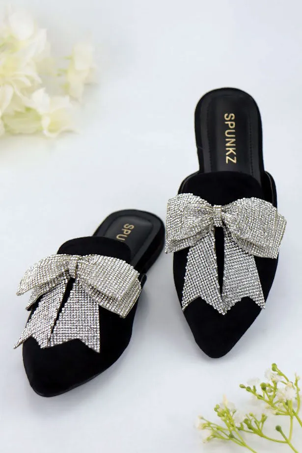 Trista Black Embellished Bow Velvet Mules