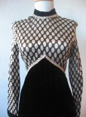 Women's 70s Dress Black Velvet Silver Sparkle Dot Empire Long Vintage Extra Small to Small VFG