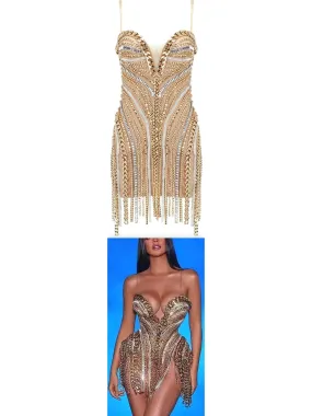 Women’s Chain and Crystal-Embellished Mesh Mini Dress