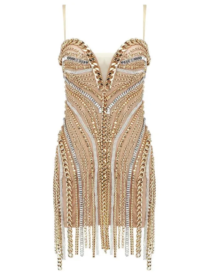 Women’s Chain and Crystal-Embellished Mesh Mini Dress