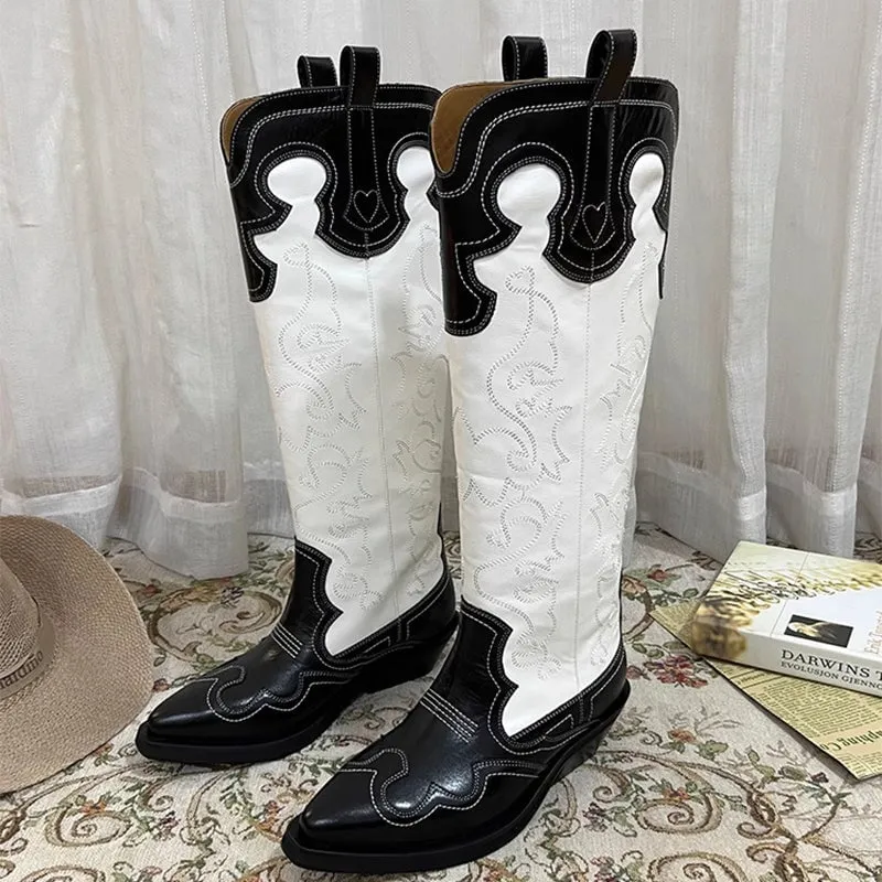 Womens Contrasting Embroidery Western Boots Knee High Leather Cowboy Boots