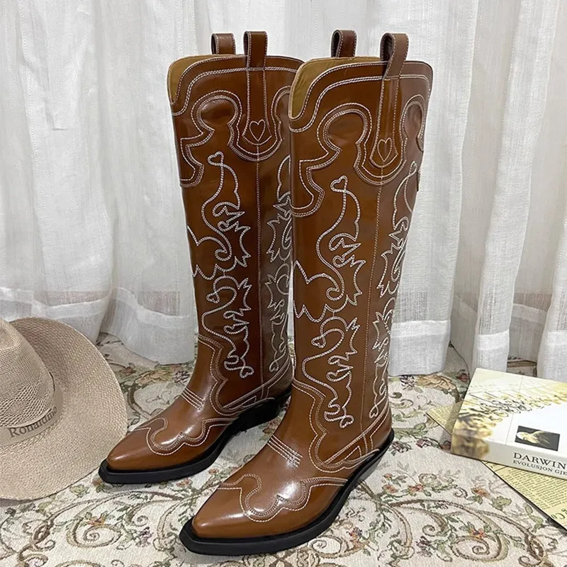 Womens Contrasting Embroidery Western Boots Knee High Leather Cowboy Boots