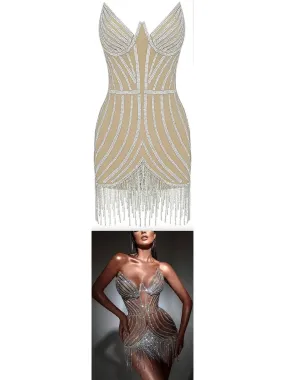 Women’s Embellished Crystal Fringed Mesh Mini Dress