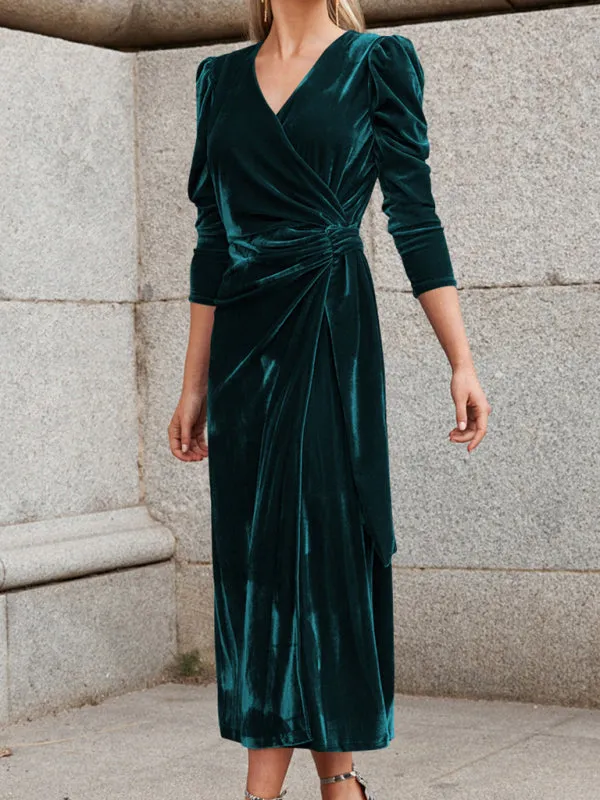 Women's Velvet Elegant Long Length Wrap Dress