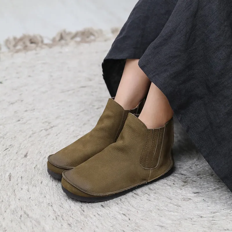 Zero Drop Genuine Leather Soft Barefoot Boots For Women Round Toe Chelsea Boots in Green/Coffee/Gray