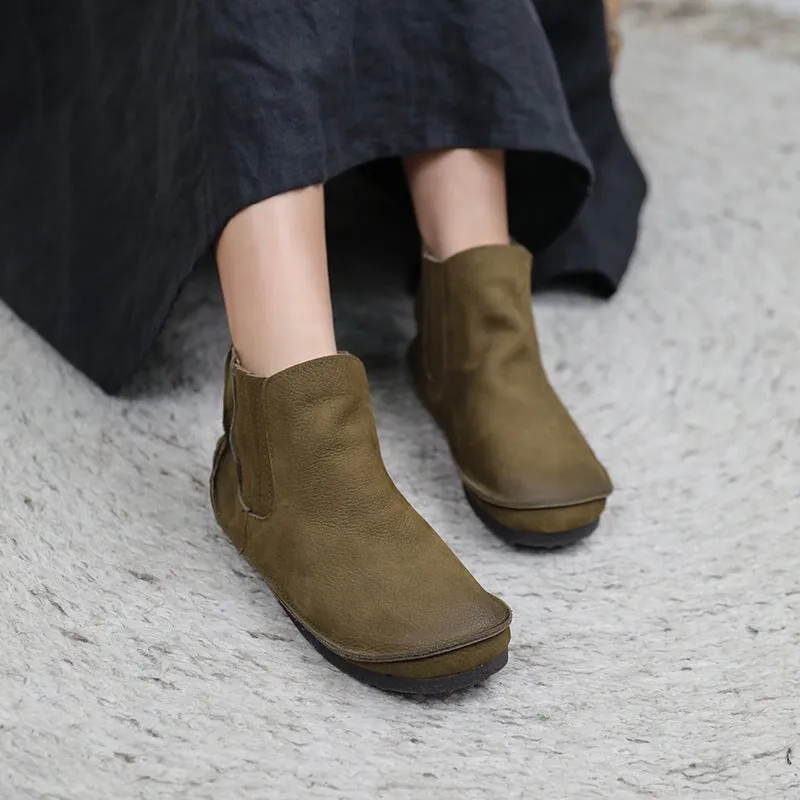 Zero Drop Genuine Leather Soft Barefoot Boots For Women Round Toe Chelsea Boots in Green/Coffee/Gray